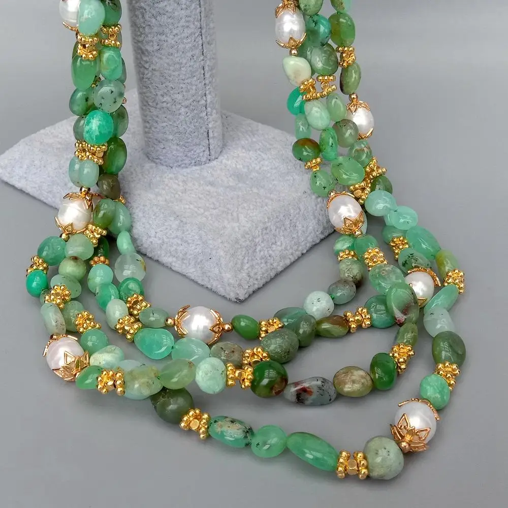 KKGEM Natural 4 Strands 8x11mm Green Chrysoprase Freeform Cultured 9x11mm White Rice Pearl Necklace 21'