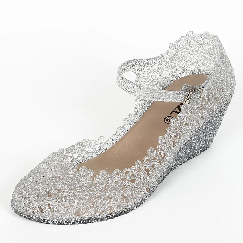 Sandali con paillettes trasparenti scarpe Comfort donna nuovo arrivo ragazze principessa sandali in cristallo cavo scarpe con zeppa femminile