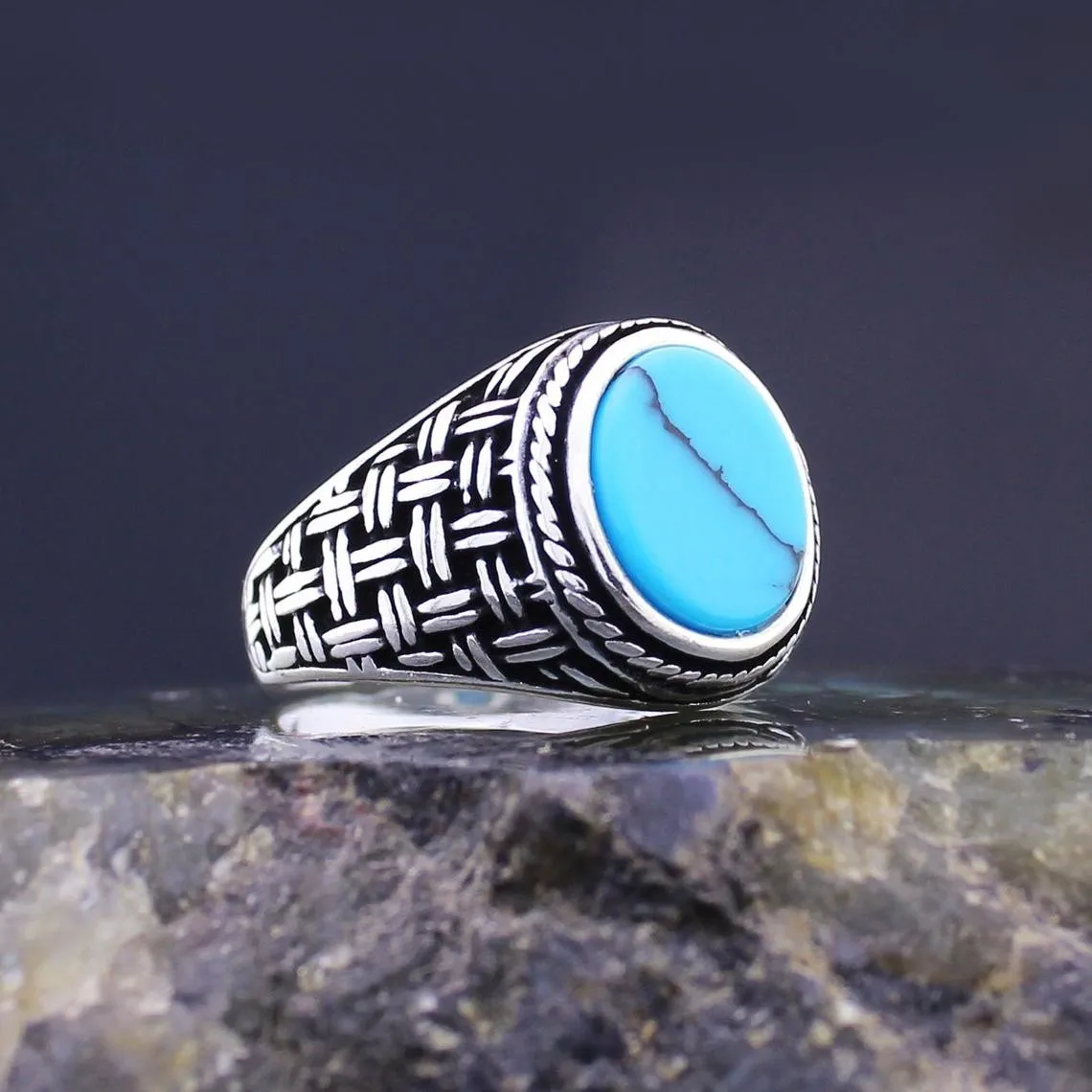 Solid 925 Sterling Silver Knitting Design Flat Turquoise Stone Men's Ring Special Ring Jewelry Accessory For Men Made in Turkey