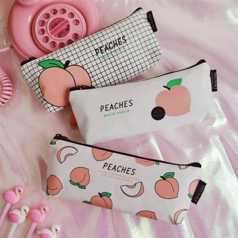 1 Pieces Kawaii Peach Pen Pencil Case Bag Canvas School Stationary Receive Black Tools Makeup Pouch Cosmetics Case School office