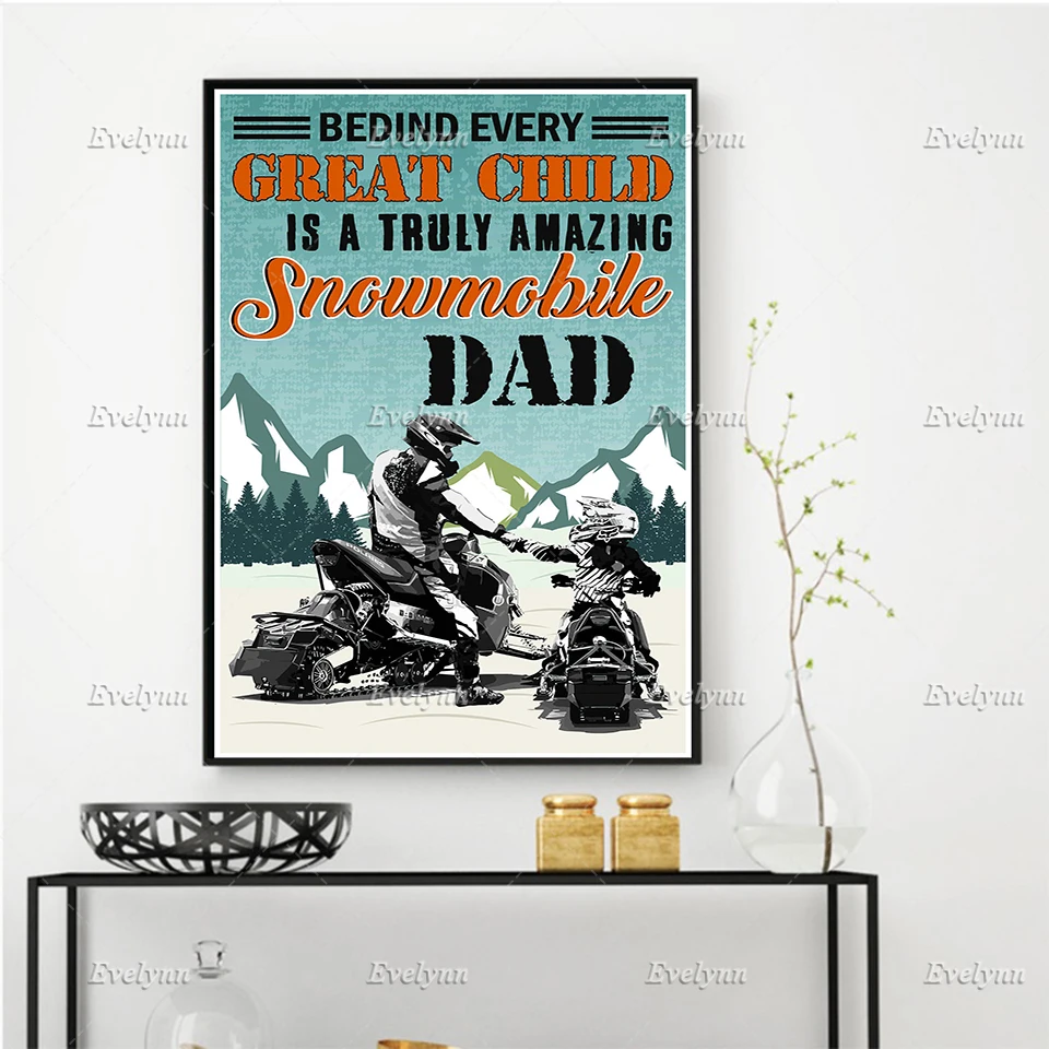 Vintage Dad and Child Snowmobile Poster, Fathers Day Wall Art Canvas, Dad & Child Fist Bump, Gift for Dad, Home Decor Prints