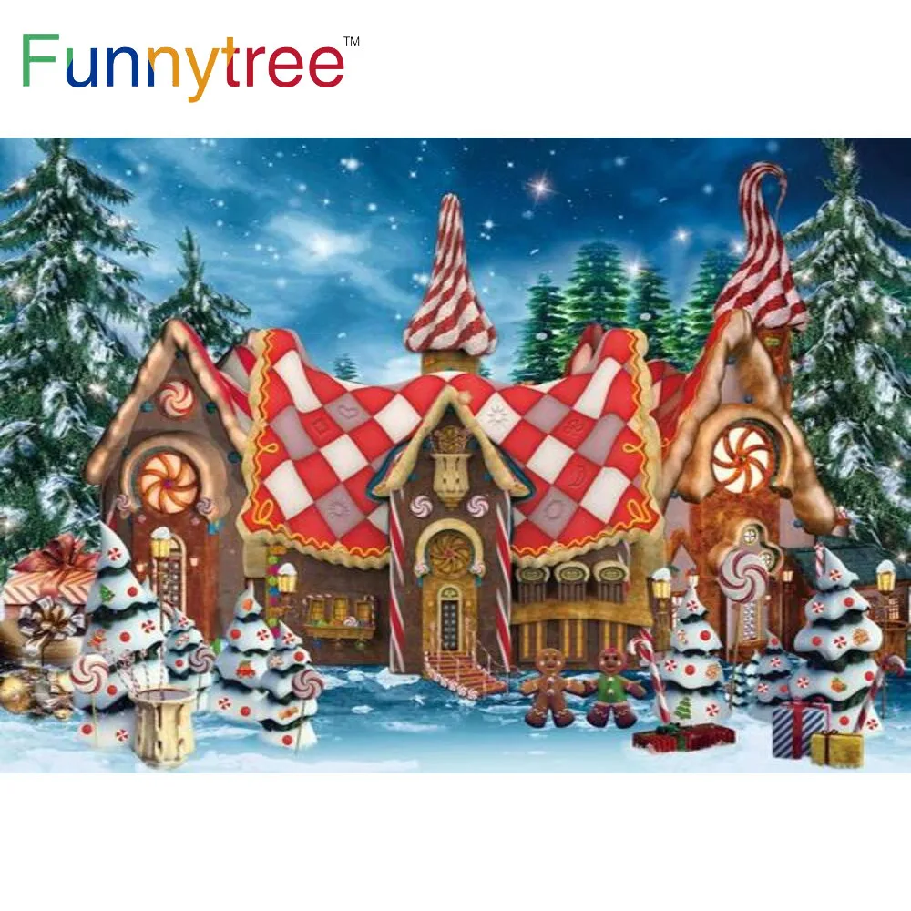 Funnytree Christmas Party Winter Forests Gingerbread Cookie House Background Snow Gifts Stars Night Fairy Photophone Backdrop