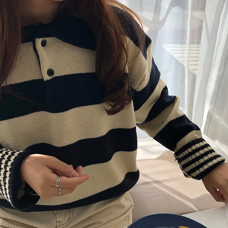 Harajuku Striped Hit Color Women Kintted Sweater Long Sleeve Casual Loose Female Pullover Top 2019 Spring Autumn Female Jumper