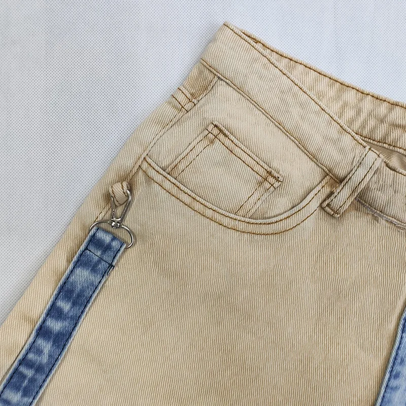 2023 New Khaki Denim Blue Personalized Color-blocking Washed Jeans Men\'s Straight Pants Zipper Tooling