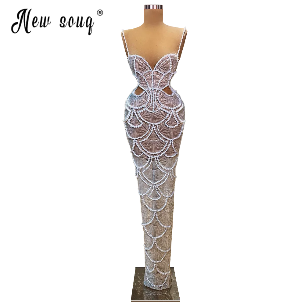 Elegant Pearls Beading Prom Party Gown Sexy Spaghetti Straps White Mermaid Celebrity Dresses Evening Dress Party Night Robes