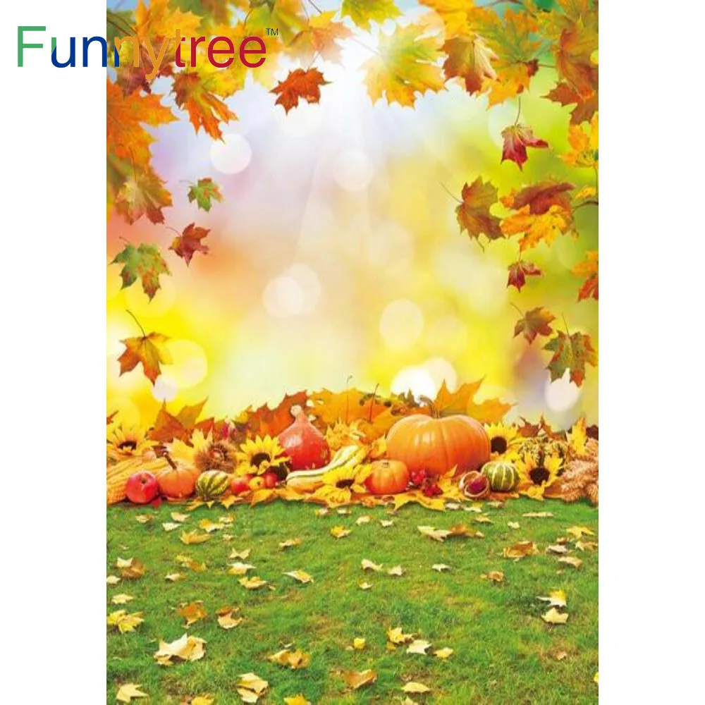 

Funnytree Autumn Backdrops Maple Leaves Fence Pumpkin Grassland Sunflower Haystack Photobooth Background Original Design