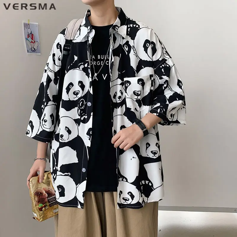 

VERSMA Japanese Vintage Panda Graffiti Funny Print Shirt Male Hip Hop Oversize Thin Casual Hawaiian Shirt Men Women Dropshipping