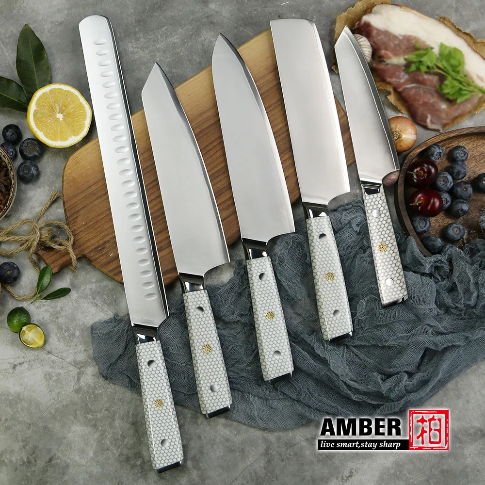 Amber Kitchen Knives 10Cr15Mov 3 Layers Cladding Steel Chef Knife White Honey Comb Resin Handle Meat Cleaver Cooking Tools