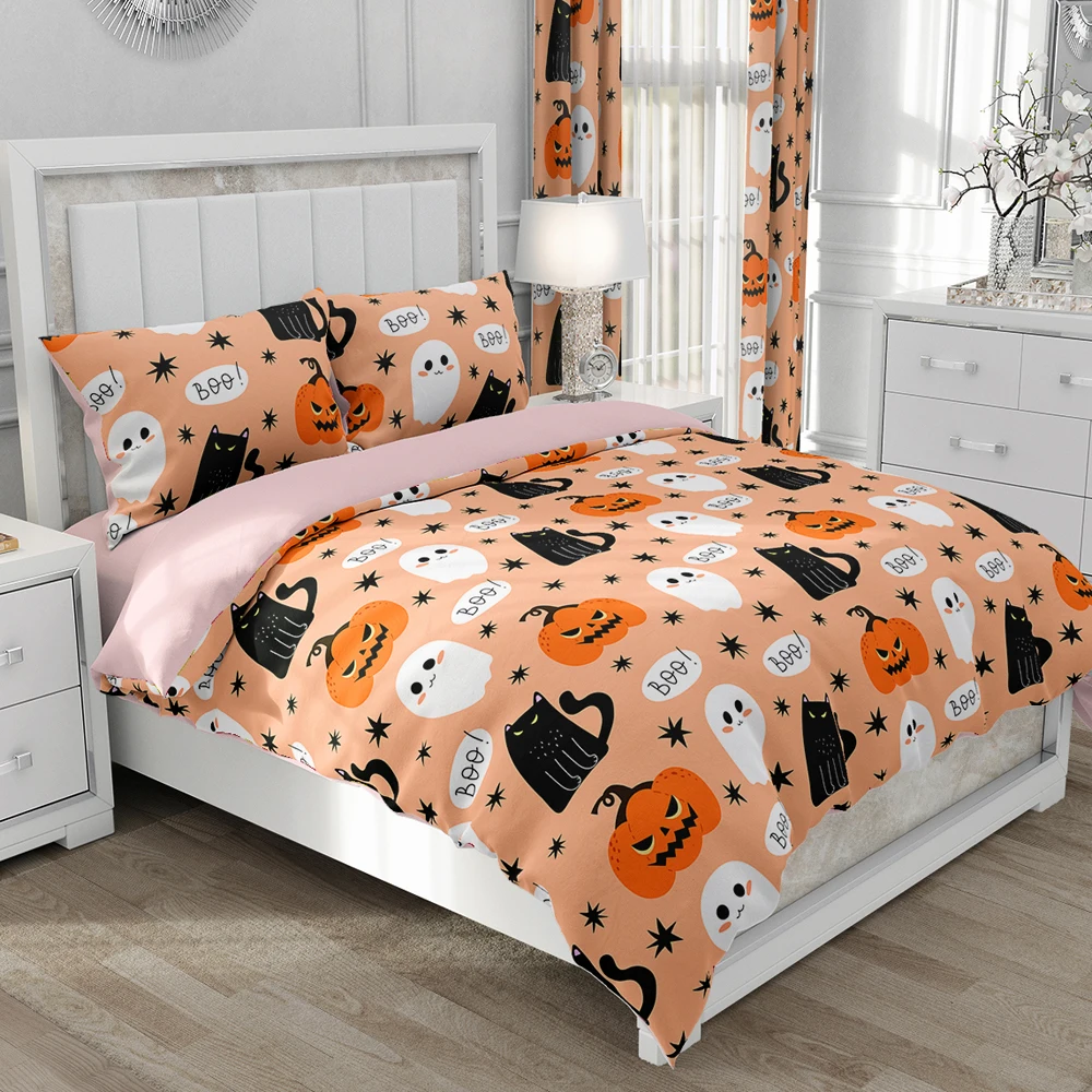 

Bedding Set Single Double King,Duvet Cover Set With Pillowcases,Quilt/Blanket Cover Set Bedclothes Halloween Pumpkin