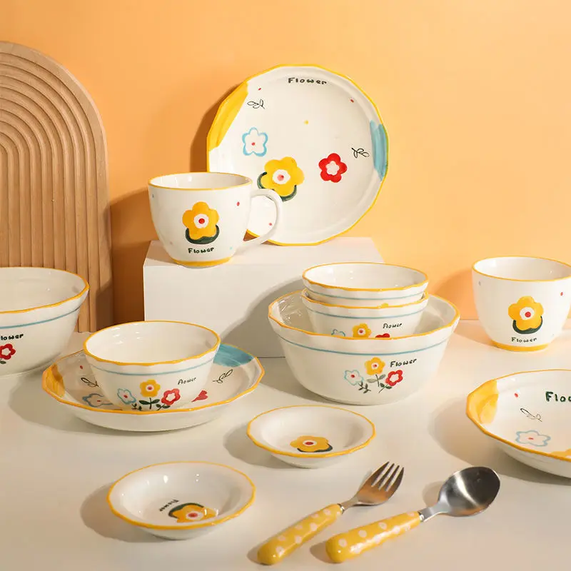 

Small Yellow Flower Plate Ceramic Bowl Cute Rice Bowl Soup Bowl Tableware Dishes and Plates Sets Dessert Tray Coffee Mug Cup