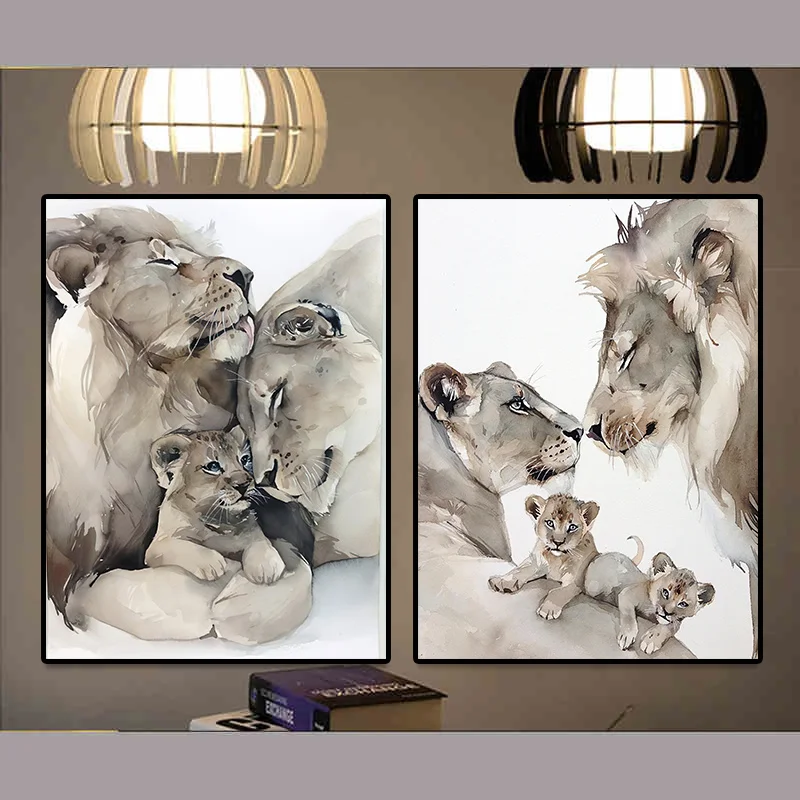 Moderne Löwenfamilie, Leinwandgemälde, abstrakte Tiere, Poster und Drucke, einfaches Wandkunstbild