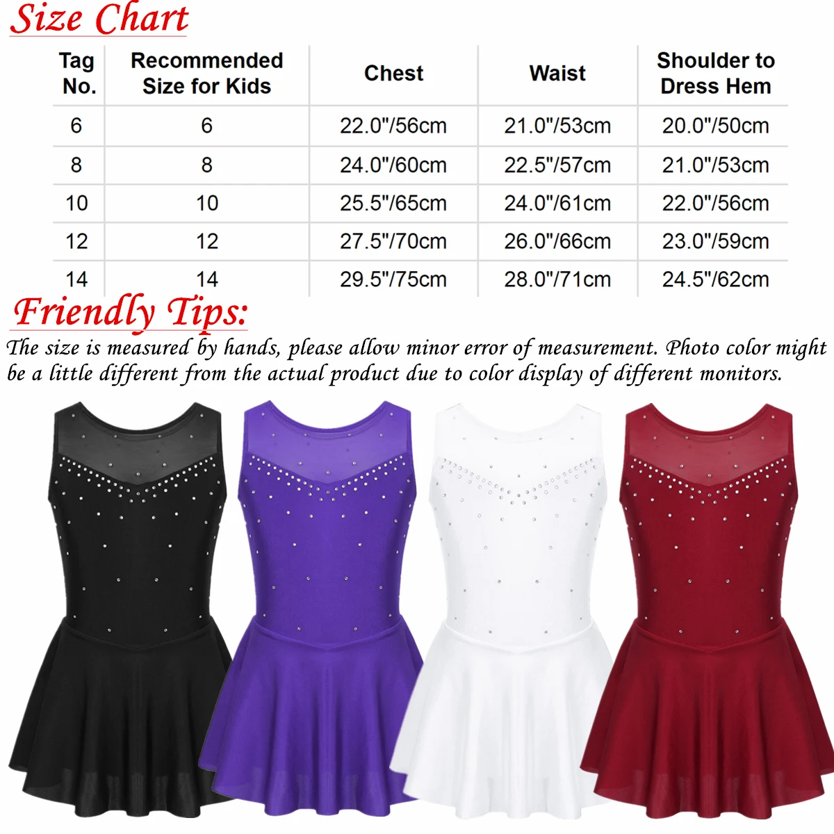 Girls Gymnatics Figure Ice Skating Roller Skating Ballet Dance Leotard Dress Sparkly Rhinestone Tulle Back Ballet Dancewear