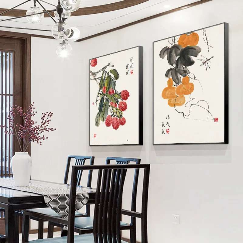 Traditional Chinese Style Ink Fruits Food Canvas Painting Retro Posters And Prints Watercolour Wall Art Picture For Kitchen Room