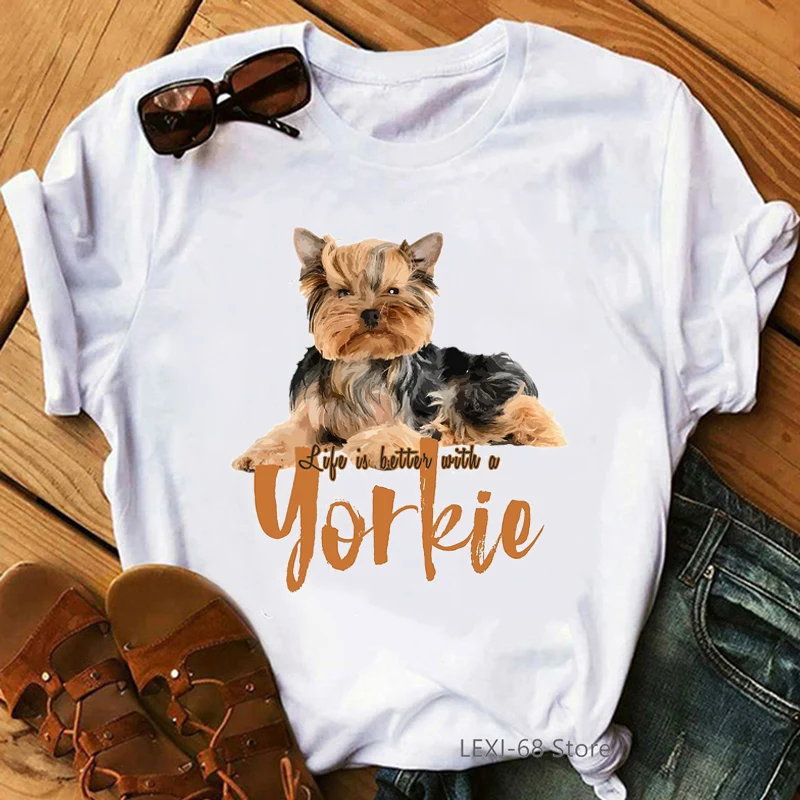 Kawaii Yorkie Mom Graphic Print T-Shirt Women Dog Lover Flower Tshirt Femme Harajuku Shirt Summer Tops Fashion T Shirt Female