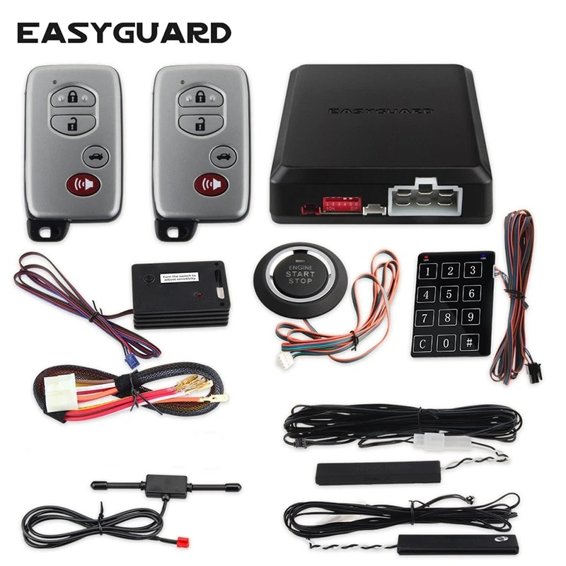 

EASYGUARD auto lock unlock car alarm hopping code remote engine start starter push start button password entry shock alarm DC12V