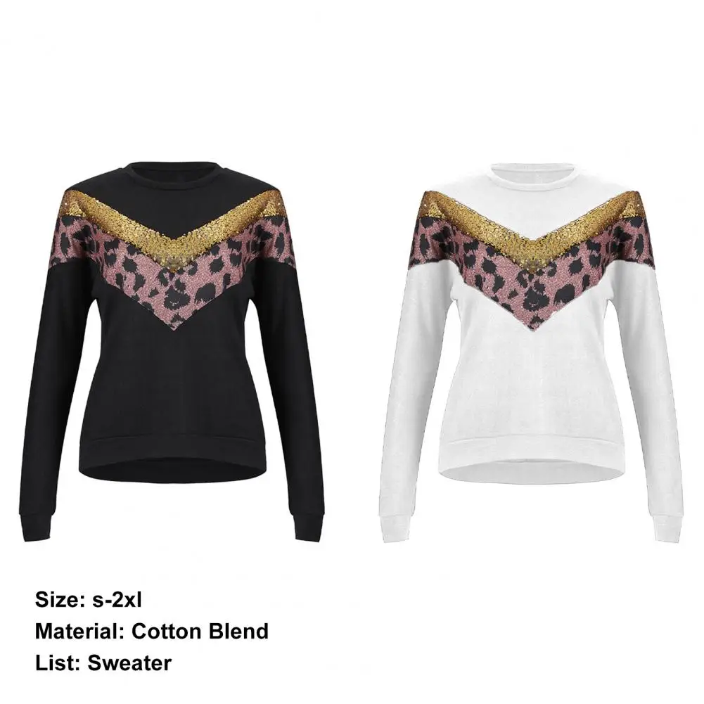 Casual Hoodies Women Leopard Print Sequins Patchwork Pullover Sweatshirt Long Sleeve O-Neck Women Sweatshirt Outerwear