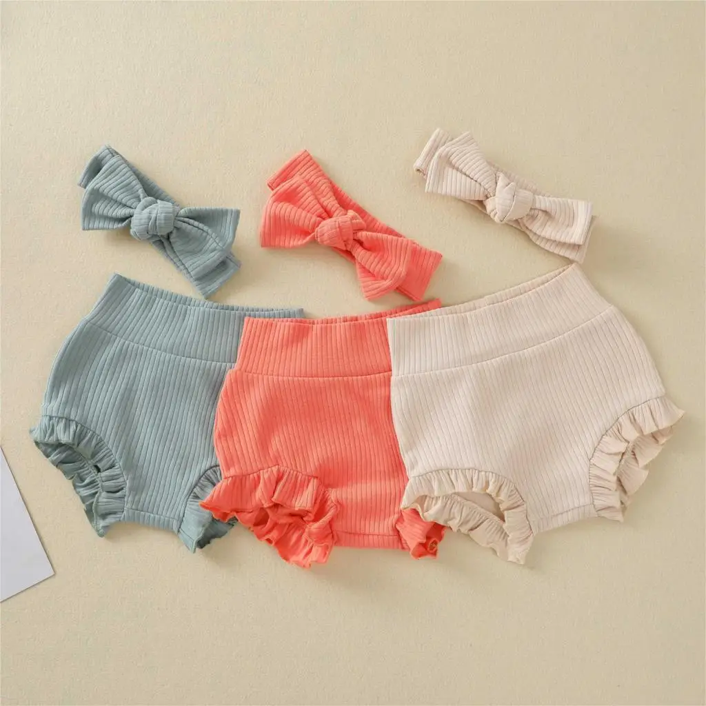 Summer Kids Boys Shorts Solid Color Baby Girl Clothes Cotton PP Pants With Hair Band Lace Bows Triangle Toddler Bottoms 6-24M