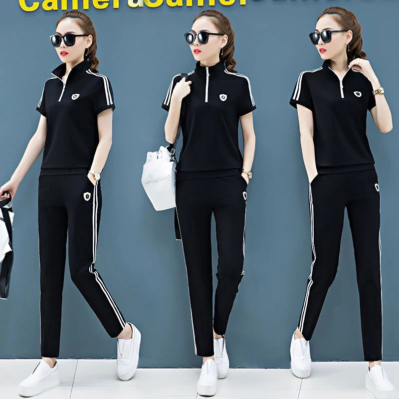 Casual Jogging dres damski duży rozmiar dwuczęściowy zestaw letnie stroje modna stójka bluza dresowa z krótkim rękawem i garnitur ze spodniami