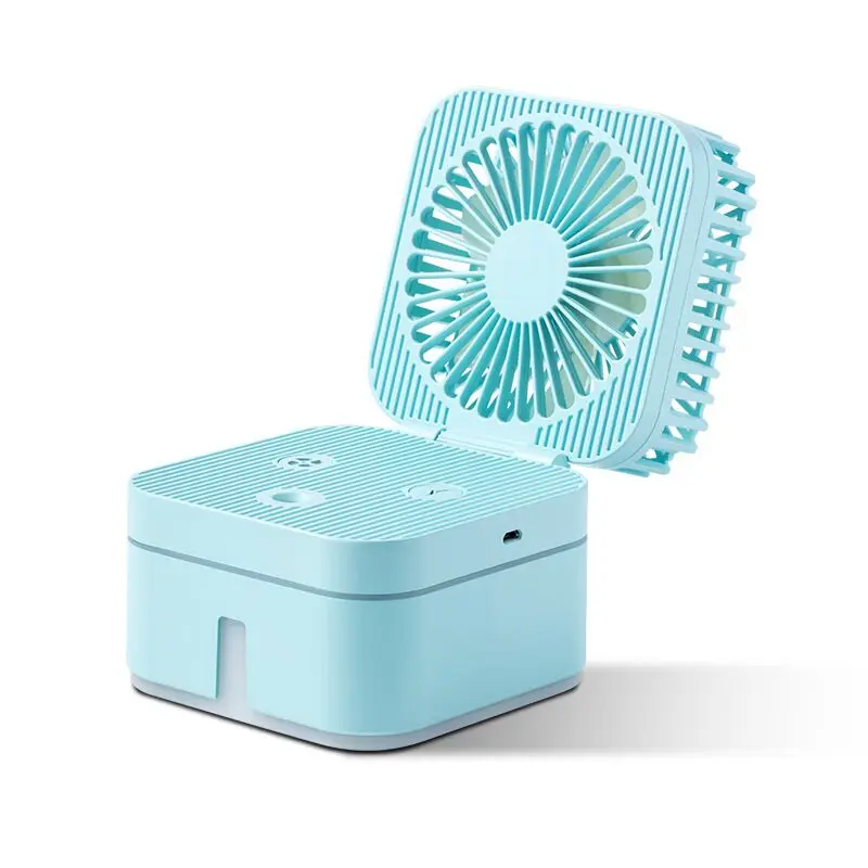 Mini Cool Mist Humidifier USB Desk Fan 3 Speed Wind & 7 Colors Light Changing Magic Cube Size Mist Fan