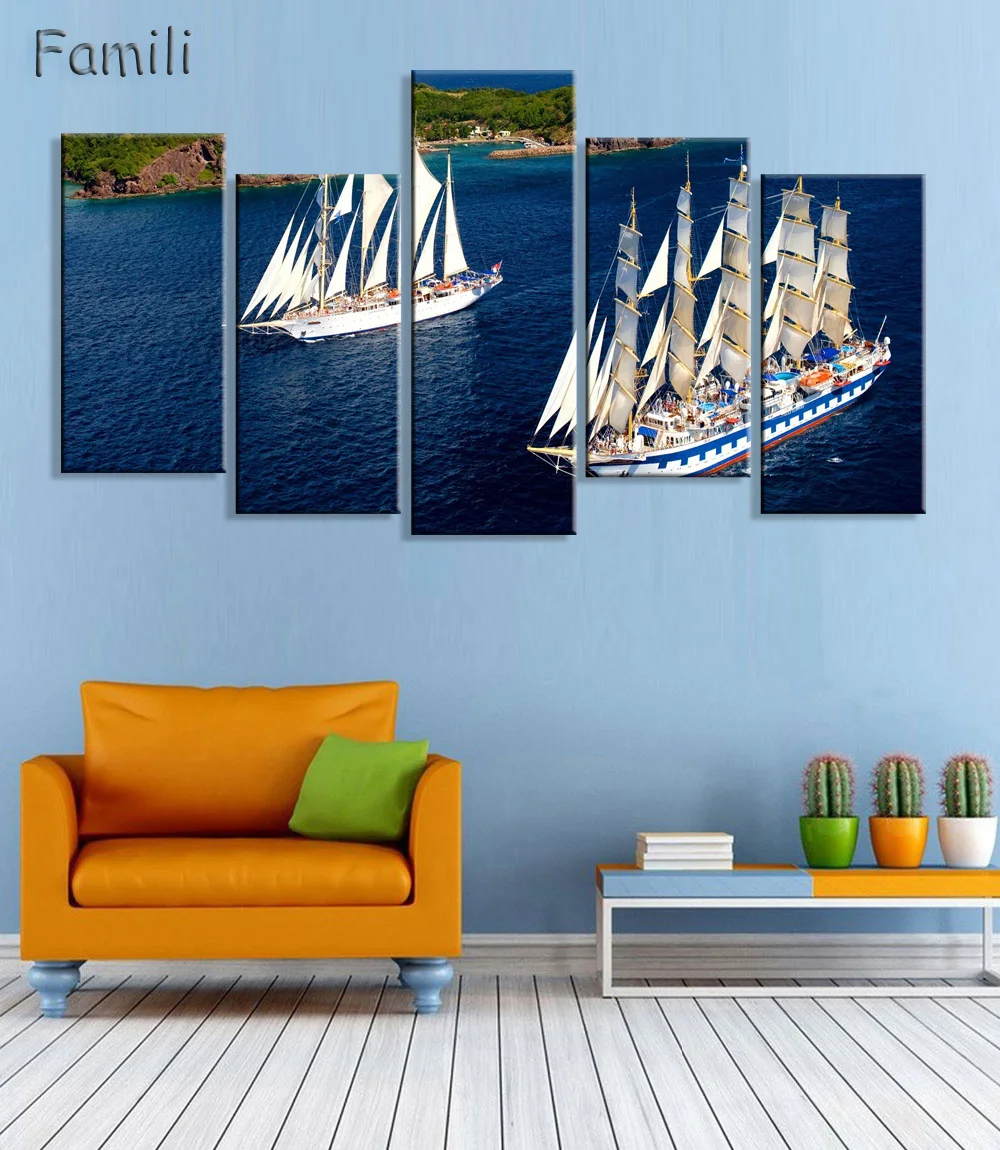 5Pieces/set Frameless Canvas Painting sailboat Painting for Living Room Wall Art Posters and Prints Modern Pictures Decoration