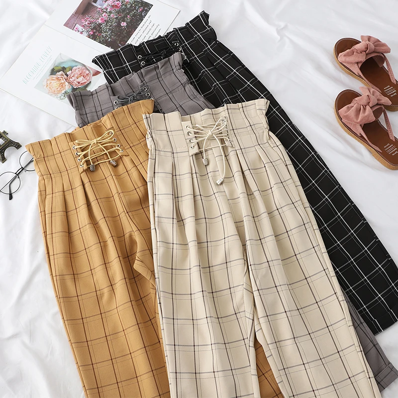 

2020 Fashion Women Lace Up High Waist Ankle Length Loose Plaid Harem Pants Bandages Tie Ruffle Japanese Harajuku Casual Pants