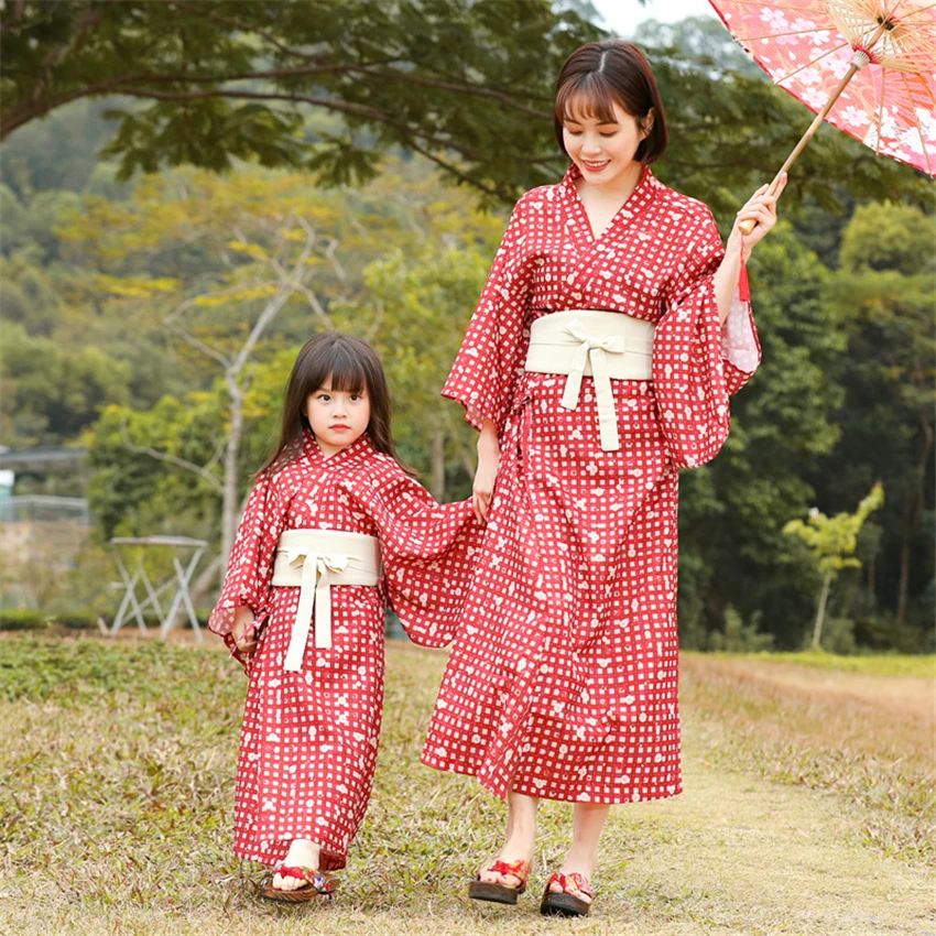 Women Girls Japanese Traditional Clothing Kimono Kawaii Yukata Parent-child Outfit Sweet Plaid Print Cardigan Obi Belt Robe