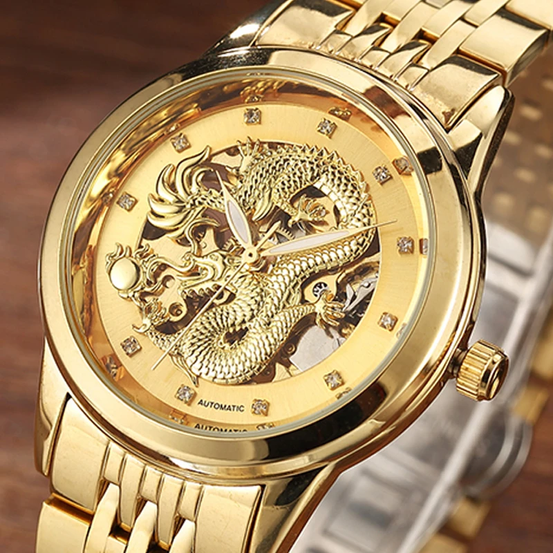 Luxury Gold Dragon Automatic Mechanical Watches Top Brand Skeleton Watch Self Wind  Wristwatch Clock relogios masculino Gift Box