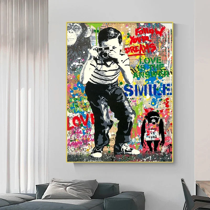 Banksy Artwork Smile ,Life Is Beautiful , Follow Your Dreams Boy Canvas Potser Street Graffiti Art Pictrue Home Decor Painting