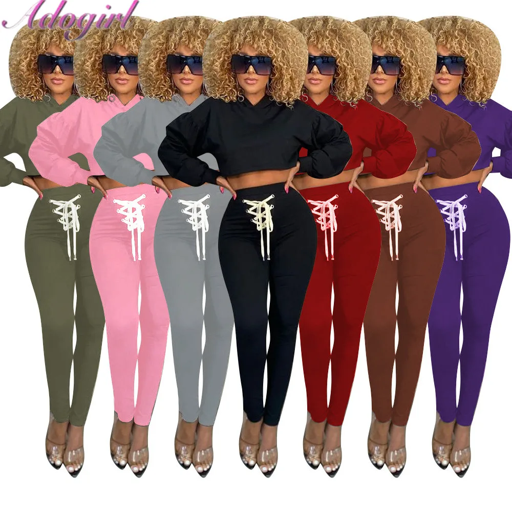 

Fitness Women Workout Two Piece Set Casual Long Sleeve Crop Sweatshirt Hoodies Drawstring Lace Up Joggers Pants Outfit Tracksuit