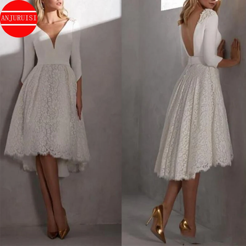 

Short Wedding Party Dress 2022 3/4 Sleeves Lace Robe De Soirée Mariage Hochzeit Kleid Bridal Gown Fiesta Boda Vestido Novia