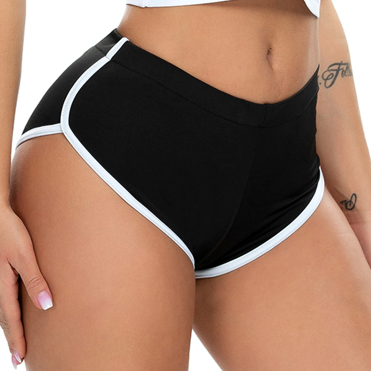 Women Summer Mid-rise Elastic Waist White Edge Booty Yoga Shorts Female Sports Gym Workout Exercise Fitness Running Mini Shorts