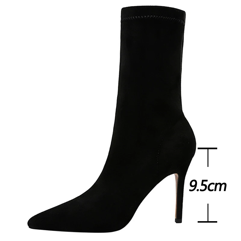 BIGTREE Shoes Women Sexy Mid-Calf Boots Stretch Socks Boots Suede Tip High Heels Autumn Winter Boots Black Women Boots Size 43