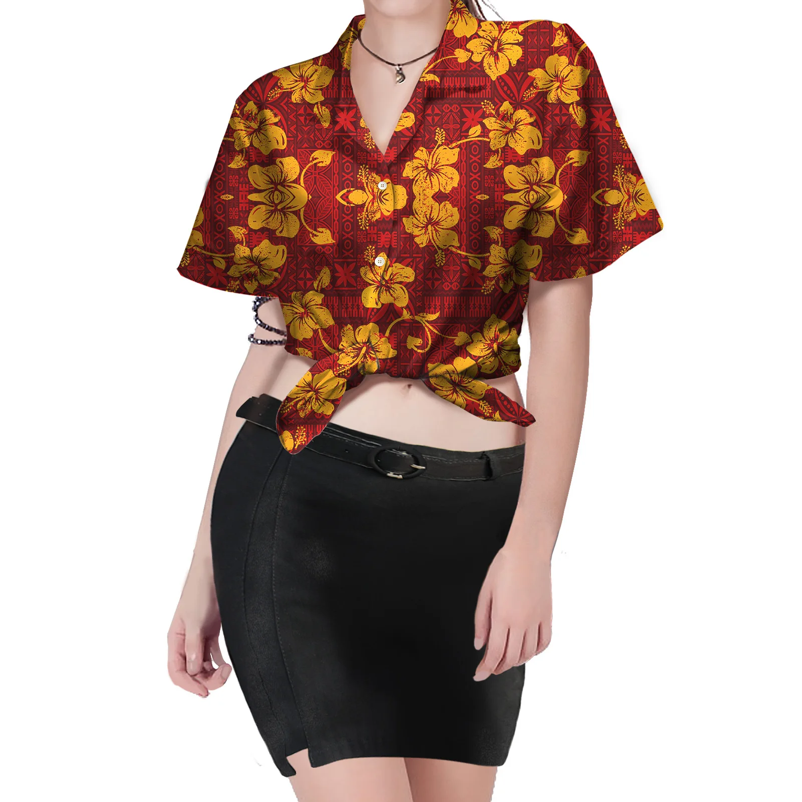 

Wholesale Price Summer Tie Women Shirt Polynesian Tribal Print Shirt Cover Up Plus Size Tee Best Selling Casual Buttons Top