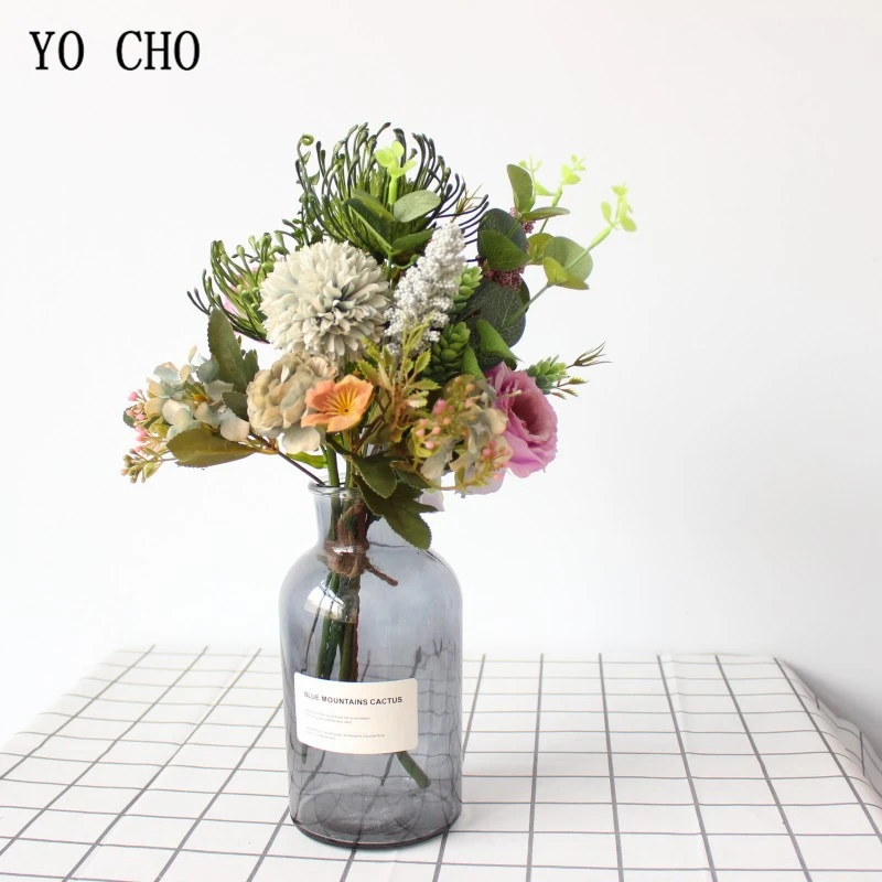 YO CHO – Bouquet de mariage artificiel en soie, fleur de lisianthe, demoiselle d'honneur, hortensia, Pompon, feuilles d'eucalyptus, fleur de mariage