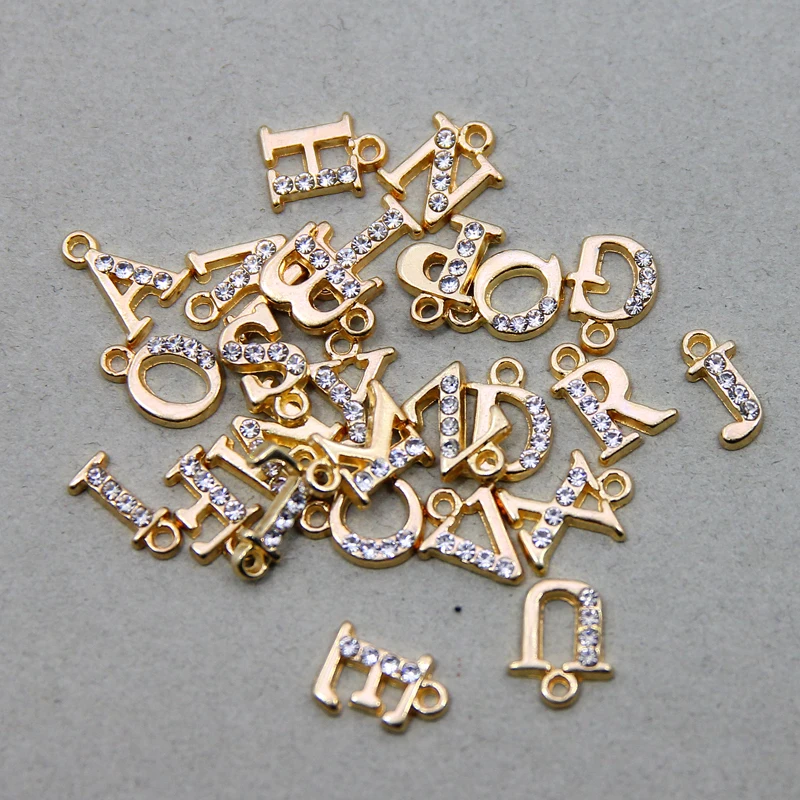 26/10pcs/pack A-Z Letter Gold Alloy Crystal Rhinestone Charms Alphabet Jewelry Bracelet Chain Keyring Initial Handmade Pendant