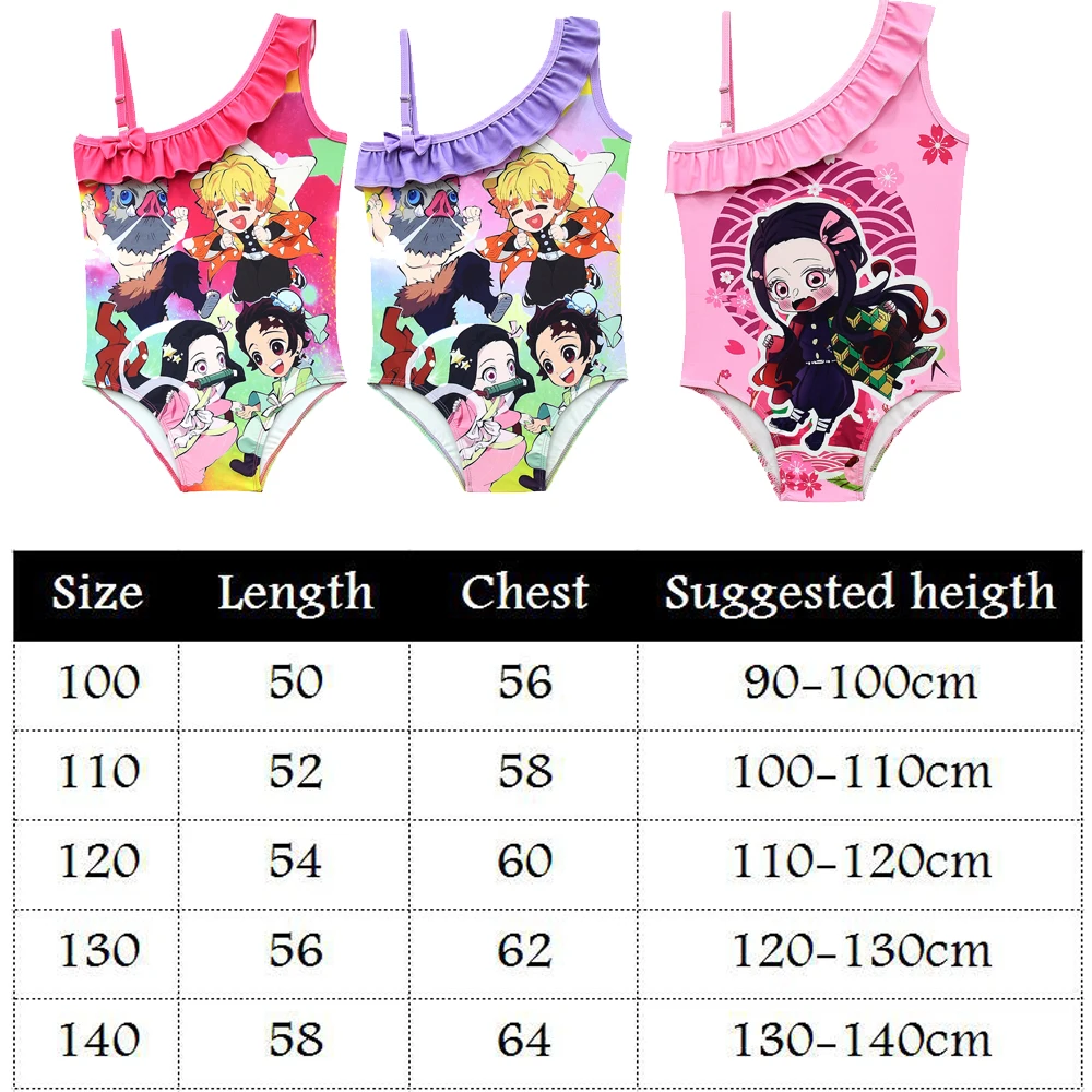 Anime Demon Slayer Baby Girl Swimisuit Kimetsu No Yaiba Kamado Nezuko Cosplay Oblique Shoulder Strap Swimsuit One-piece Clothes