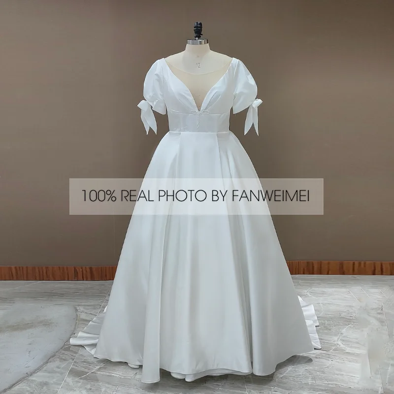 4294 # cetim colher vestidos de casamento bowtie elegante sem costas manga curta vestidos de noiva plus size vestido de casamento vestido de casamento