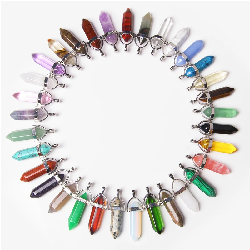 Natural Stone Quartz Agat Bullet Hexagon Point Pendulum Column Reiki Healing Chakra Pendants Charm For Necklace Jewelry 13*40MM