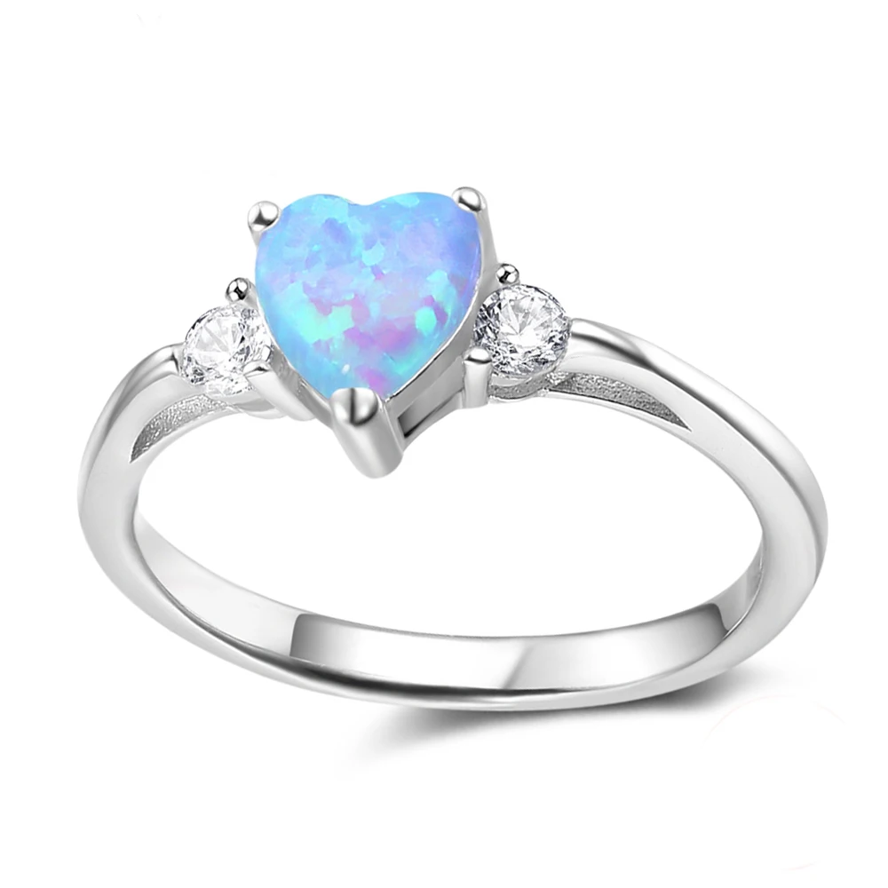 Silver Color Heart Rings Blue Opal Ring CZ Finger Ring with Cubic Zirconia Engagement Wedding Gift Fashion Jewelry for Women