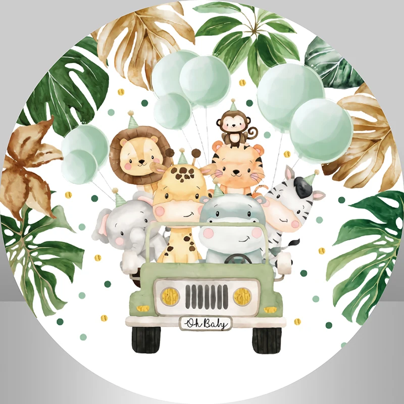 Circle Round Backdrop Cover Jungle Safari Party Baby Shower Photo Background for Boy 1st Birthday Party Decor Animals Banner