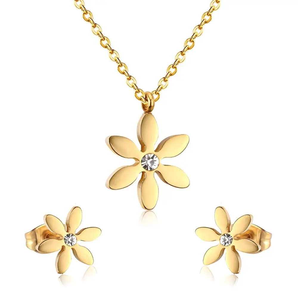 LUXUSTEEL Trendy Gold Color Flower Pendant Necklace & Earrings Set