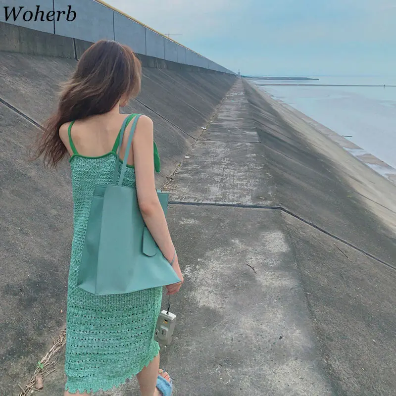 Woherb เซ็กซี่ Camis สปาเก็ตตี้สายคล้องคอสีเขียว Hollow Midi Vestido ฤดูร้อนถักวันหยุด Ropa Vestidos Elegant Vestidos Mujer