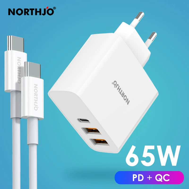 

NORTHJO 65W Quick Charge 3.0 USB C PD Laptop Charger Power Adapter with Type C Charging Cable for MacBook Xiaomi Huawei Samsung