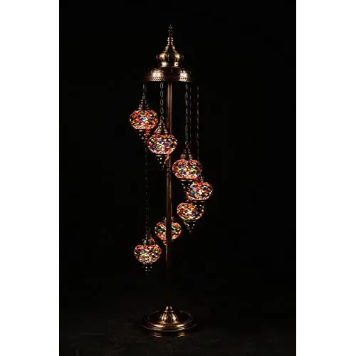 (Height: 55.1 in) Mosaic Standing Floor 7 Globes, handmade Authentic Tiffany Moroccan Lamp Glass Stunning Bedside Night Lights B