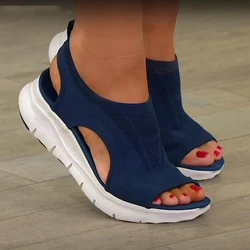 2023 verão feminino malha cunhas sandálias sólido aberto dedo do pé estiramento ortopético deslizamento na plataforma sapatos senhoras casual voltar cinta calçados