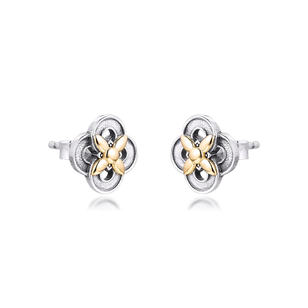 

CKK Silver 925 Jewelry Two-tone Flower Stud Earrings (14K Gold) For Women Gift Sterling Original серьги