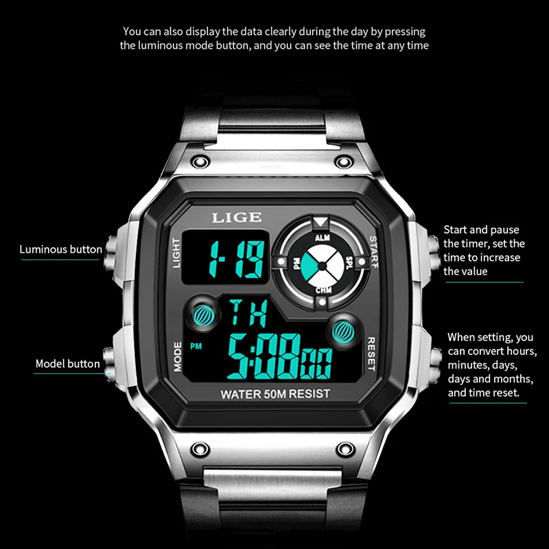 LIGE Brand Men Digital Watch Shock Military Sport Watches Fashion Waterproof Electronic Wristwatch Mens Reloj Inteligente Hombre