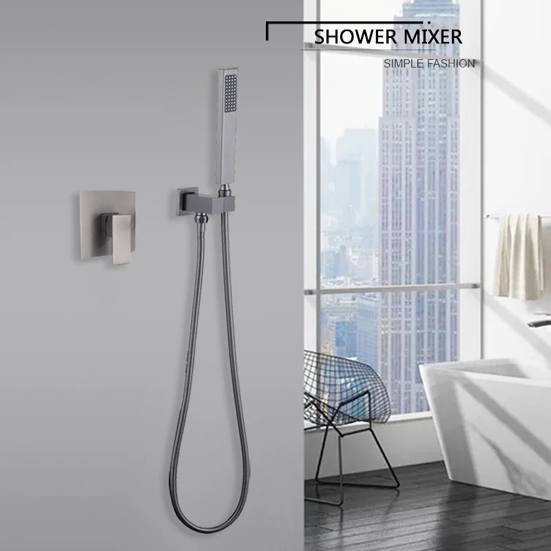 Bathroom Fixture Square In Wall Mounted Shower Set Hand Shower with Holder and Valve Body Metal Grey 1.5M Hose