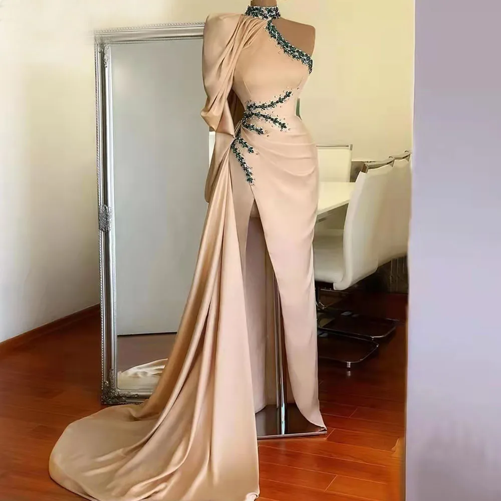 Robe de soirée en satin doux champagne glamour, robes de Rhformelles à fente haute, col haut en cristal, une initiative