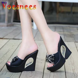 Women Slippers 2021 Summer Sell Well Diamond Bow Platform Thick Sole High Heels 13CM Outdoor Hollow Out Wedge Slides Beach Shoes